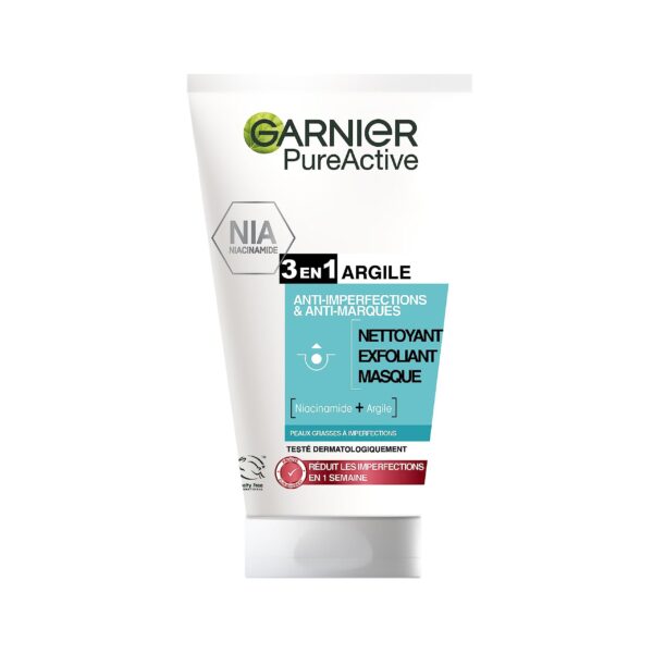 GARNIER Pure Active Nettoyant Visage 3-en-1 Exfoliant & Masque Purifiant Argile Blanche et Niacinamide ( 150ml)